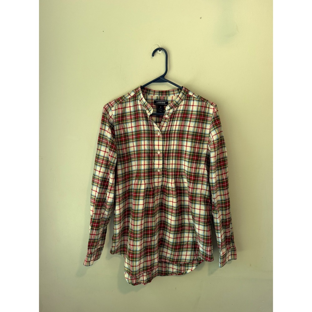 Lands End Womens Red Green Plaid Flannel Tunic Blouse Band Collar Size 4